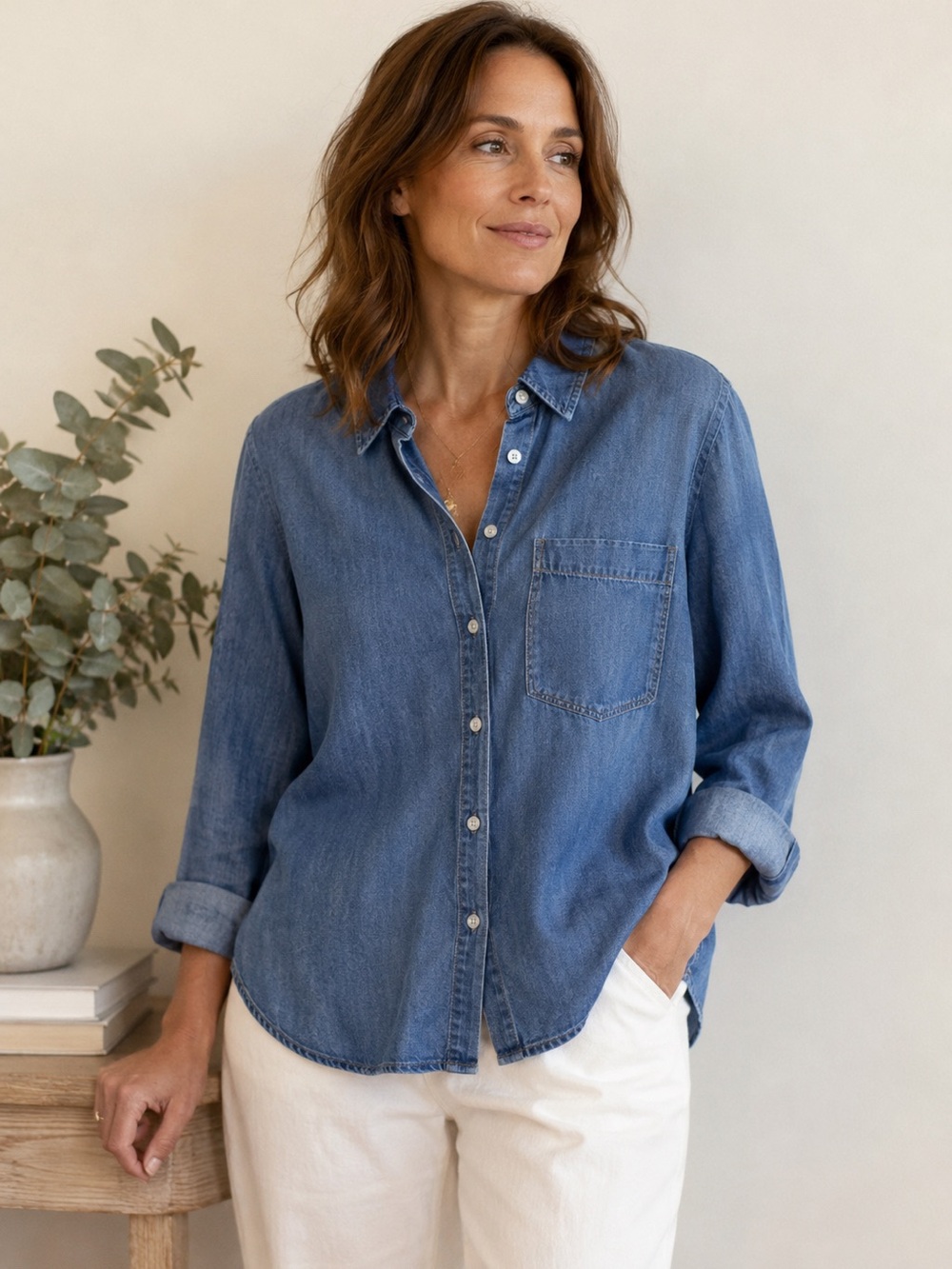 J. Jill Chambray Denim Button Front Shirt Long Sleeve Pocket Lightweight Top